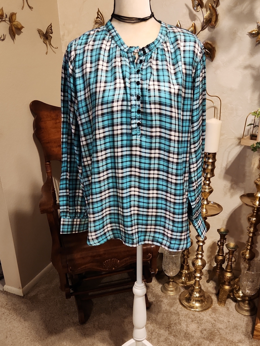 Tolani Blue White Black Plaid Long Sleeve Blouse